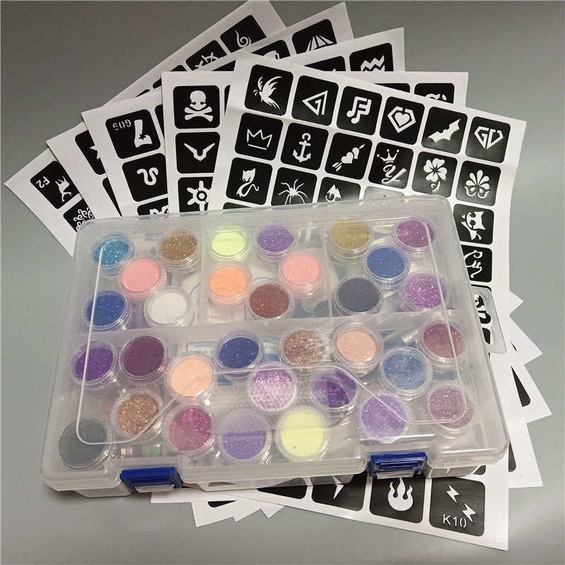 45 Colors Temporary Glitter Tattoo Kit for Kid 5 Sheets Templates Stencil Arts Glitter Make Up Kit Beautiful Holiday Gift